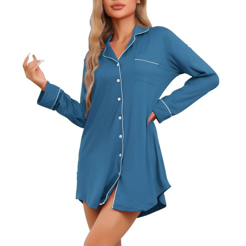 Sleepshirt Long Sleeve Shirt Button Down Loungewear Sleepwear Blue
